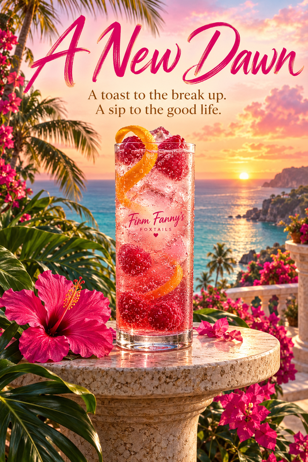 The New Dawn, a pink berry drink beside the ocean at sunset